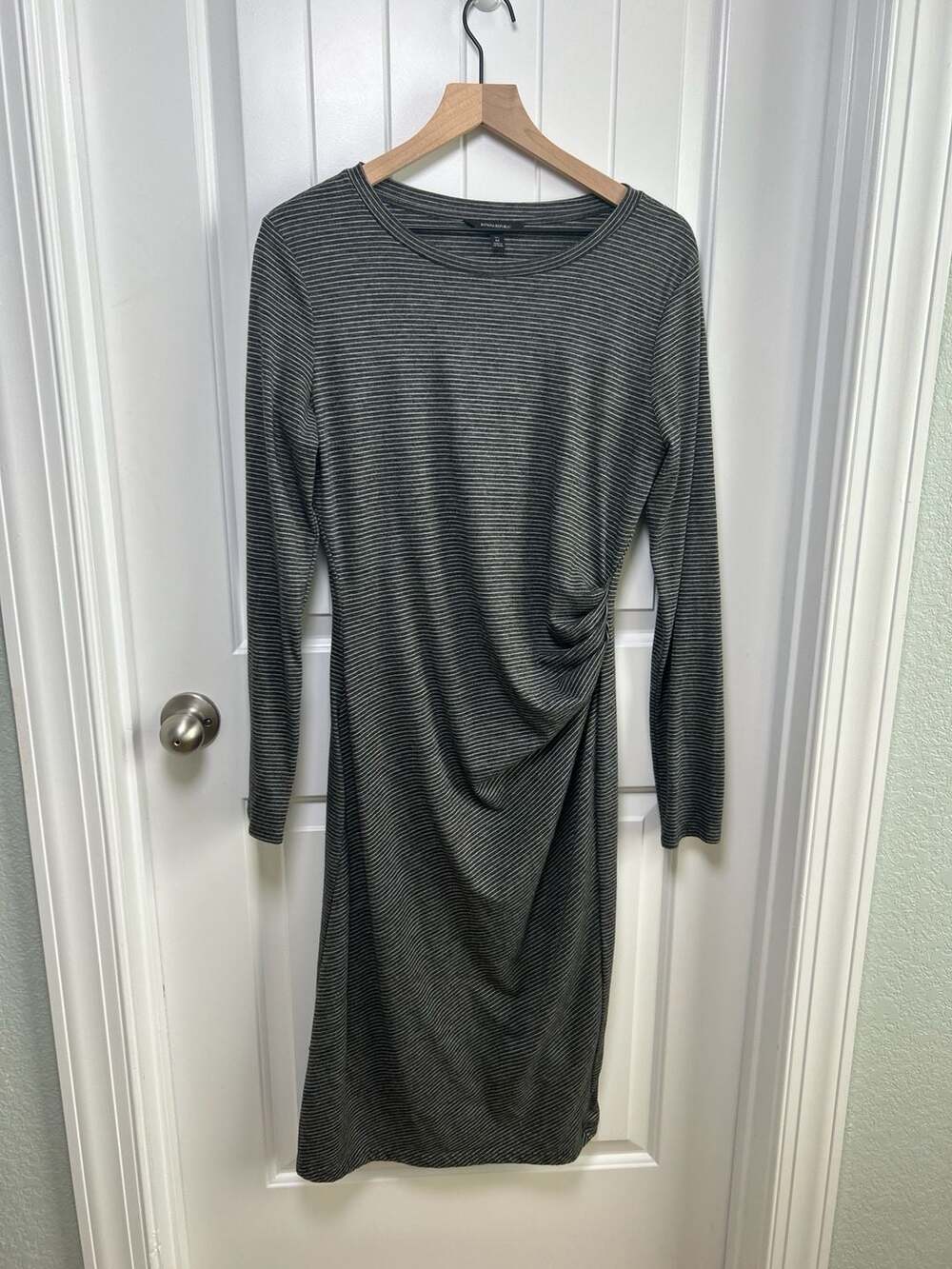 Banana Republic Gray Striped Long Sleeve Ruched Knot Midi Dress Tall M